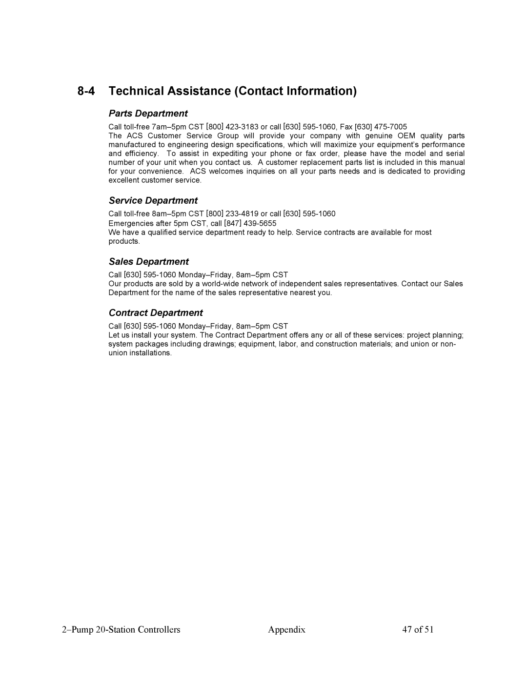 Sterling Plumbing scc2 Technical Assistance Contact Information, Parts Department, Service Department, Sales Department 