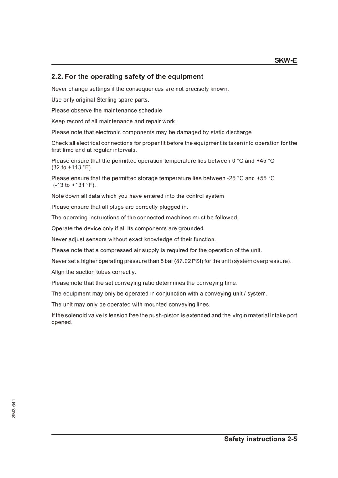 Sterling Plumbing SKW-E manual For the operating safety of the equipment 