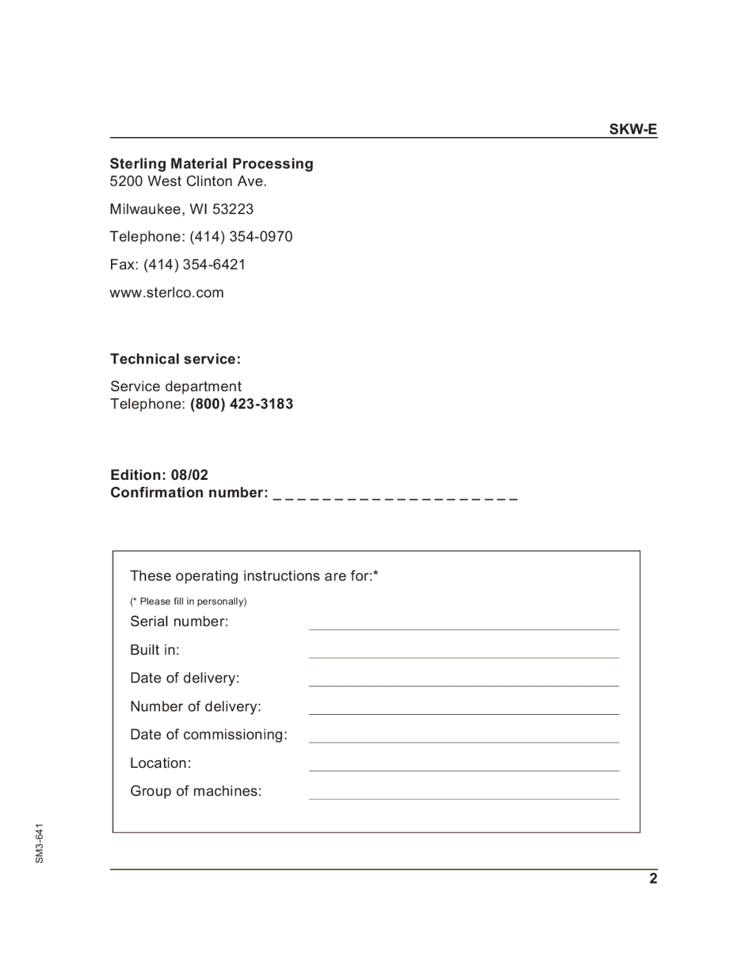 Sterling Plumbing SKW-E manual Technical service, Telephone 800 Edition 08/02 Confirmation number 