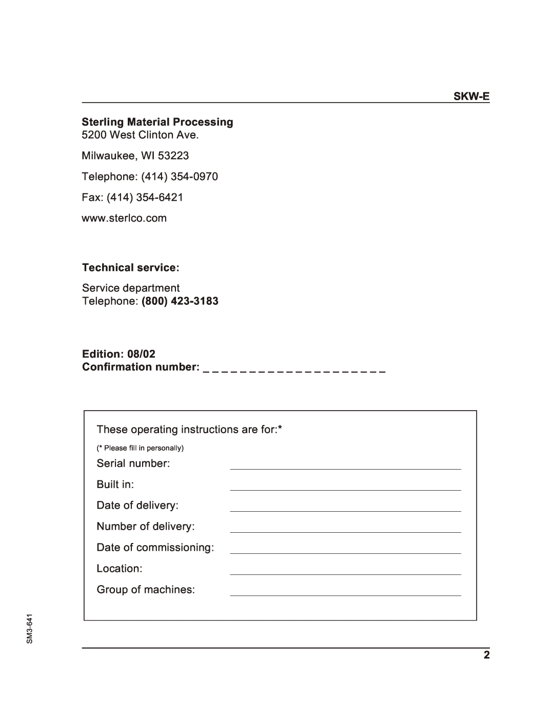 Sterling Plumbing manual SKW-E Sterling Material Processing, Technical service, Telephone 800 Edition 08/02 