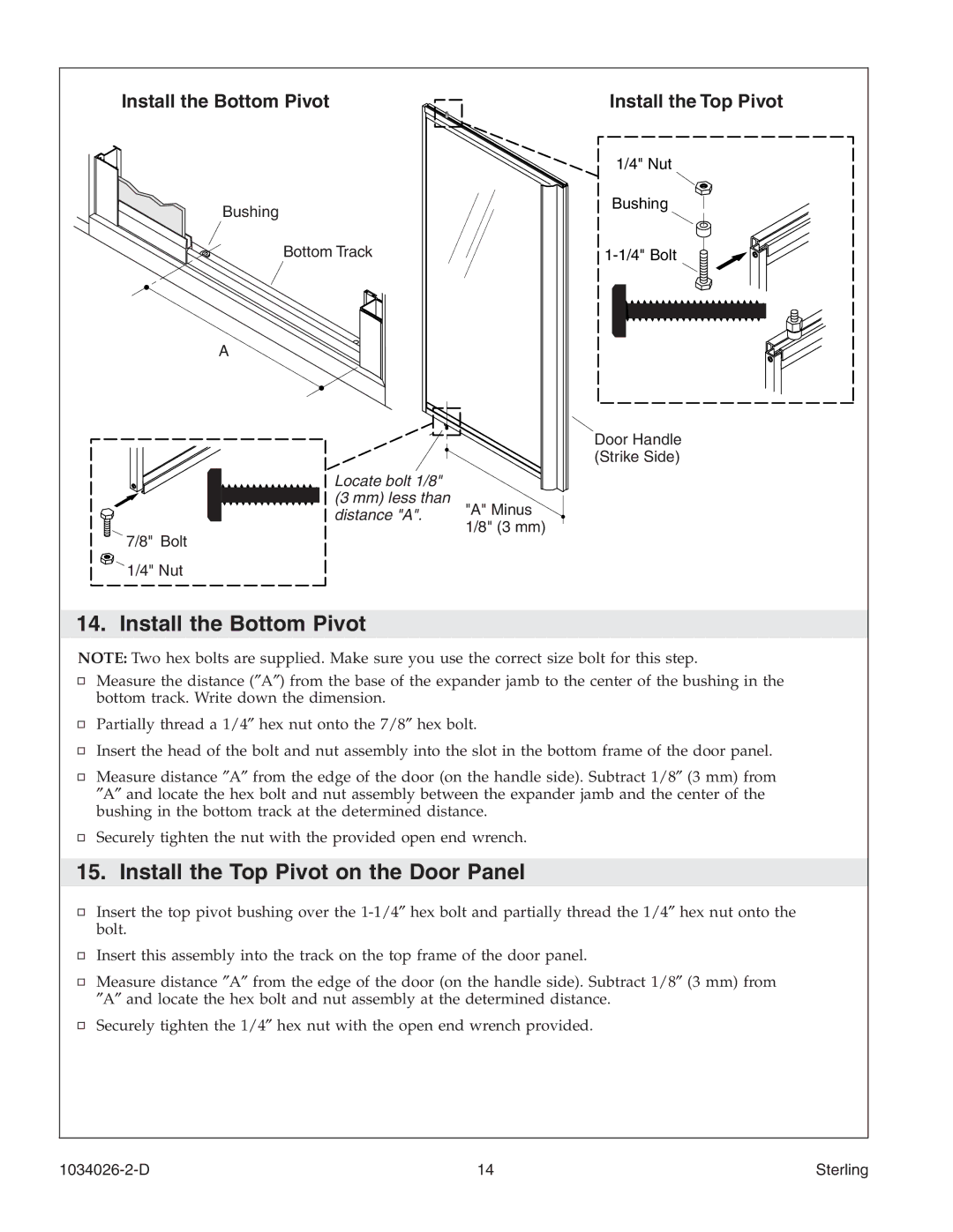 Sterling Plumbing SP1500D Series manual Install the Bottom Pivot, Install the Top Pivot on the Door Panel 