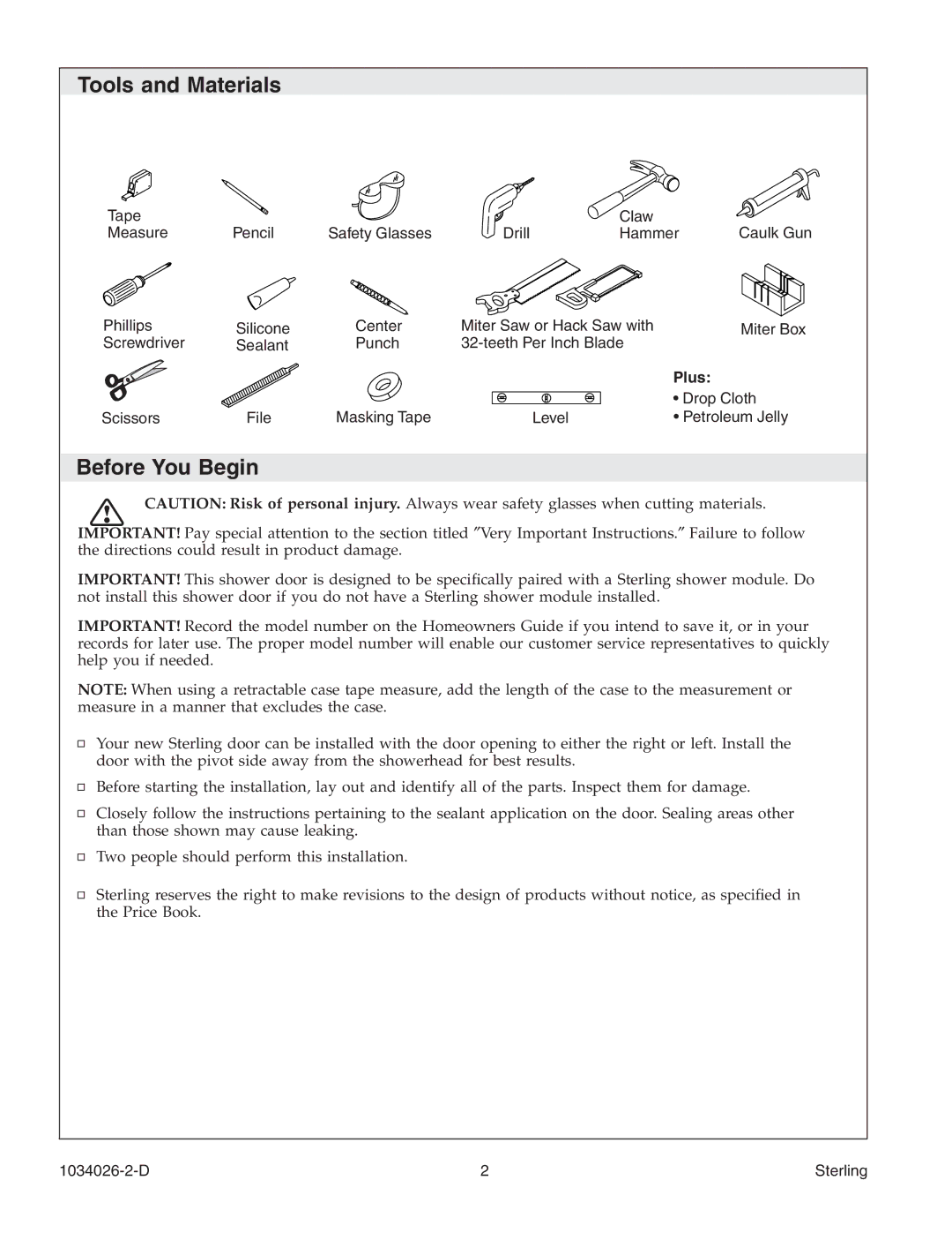 Sterling Plumbing SP1500D Series manual Tools and Materials, Before You Begin 