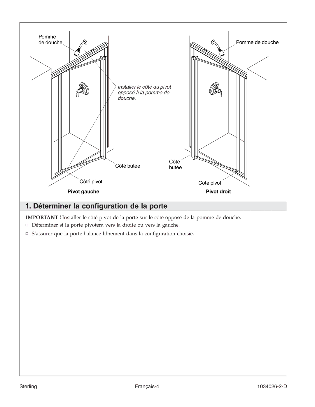 Sterling Plumbing SP1500D Series manual Déterminer la conﬁguration de la porte 