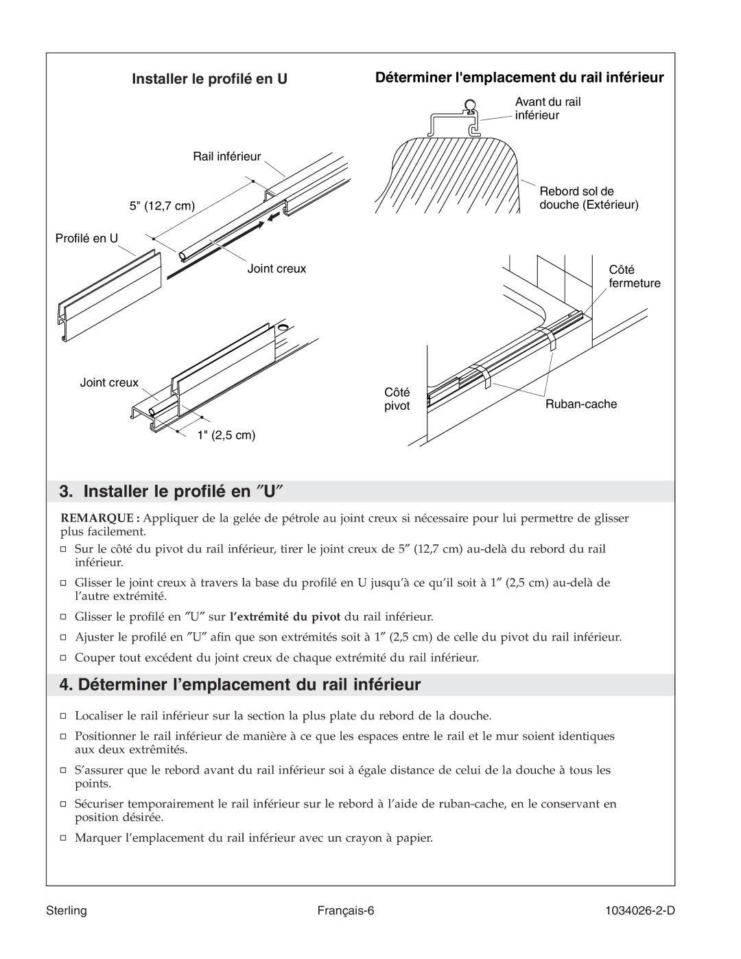 Sterling Plumbing SP1500D Series manual Installer le proﬁlé en ″U″, Déterminer l’emplacement du rail inférieur 