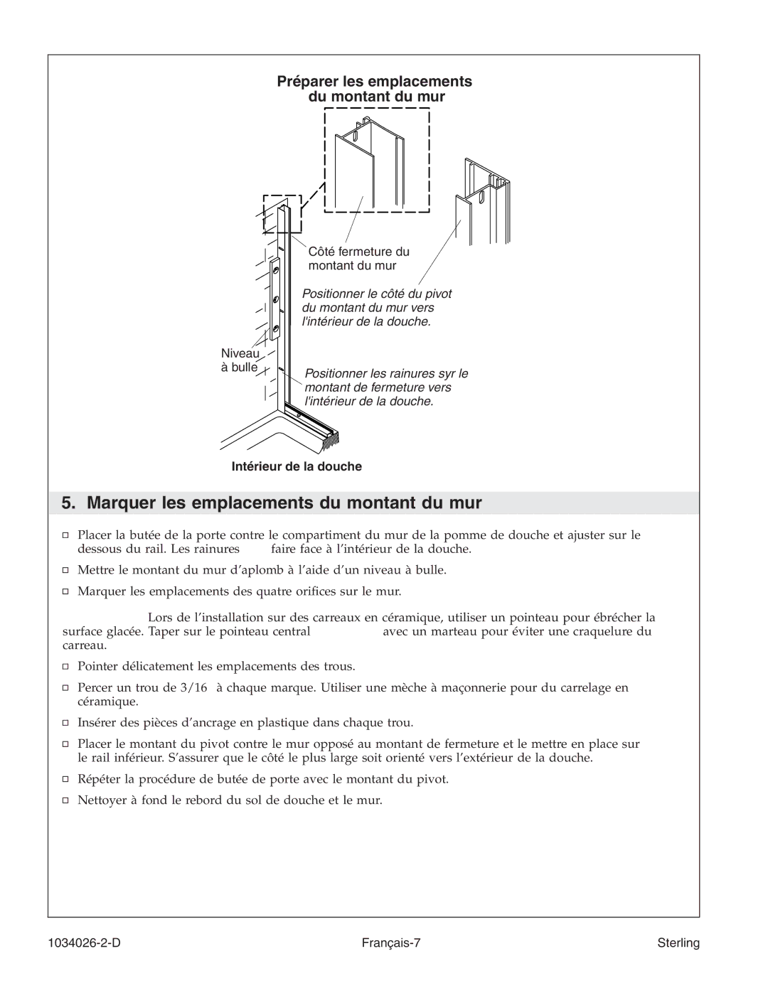 Sterling Plumbing SP1500D Series Marquer les emplacements du montant du mur, Préparer les emplacements du montant du mur 