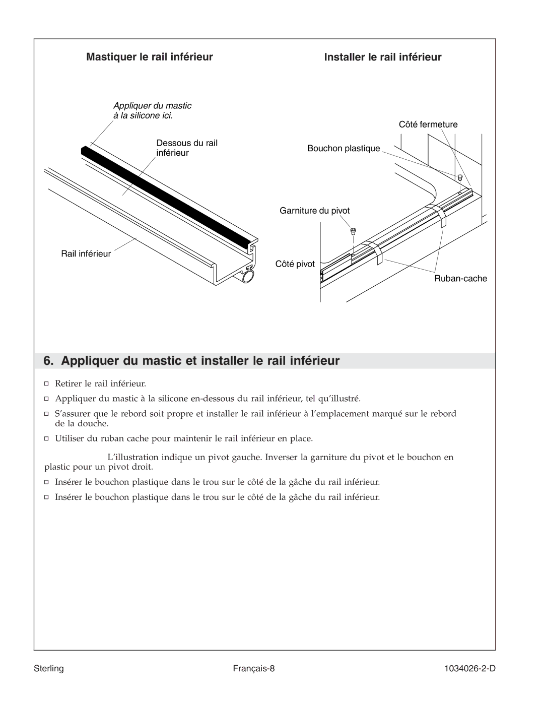 Sterling Plumbing SP1500D Series manual Appliquer du mastic et installer le rail inférieur 