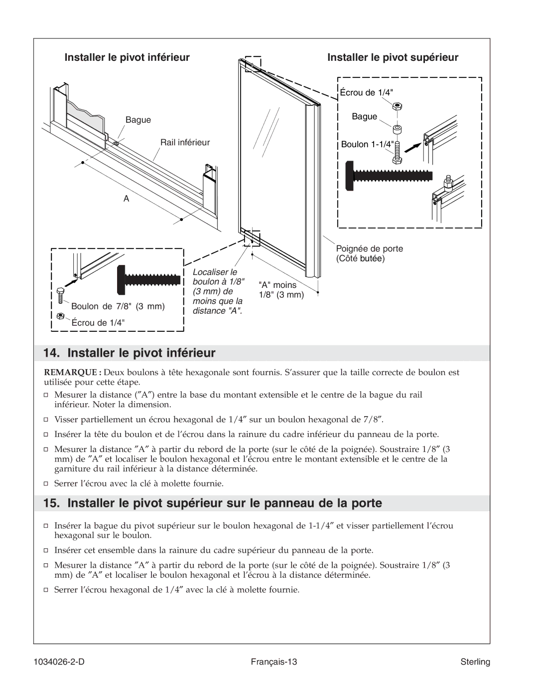 Sterling Plumbing SP1500D Series Installer le pivot inférieur, Installer le pivot supérieur sur le panneau de la porte 