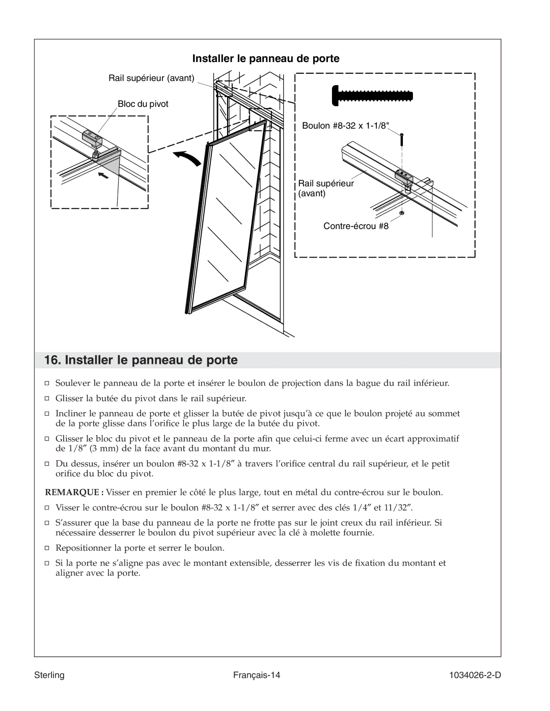 Sterling Plumbing SP1500D Series manual Installer le panneau de porte 