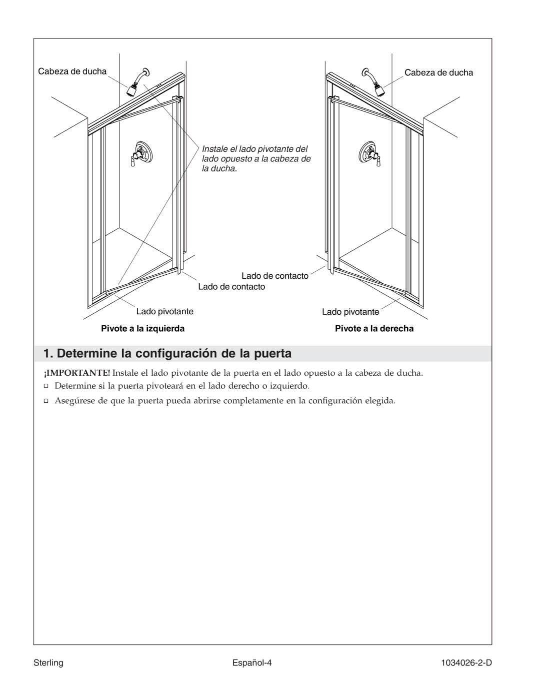 Sterling Plumbing SP1500D Series manual Determine la conﬁguración de la puerta 