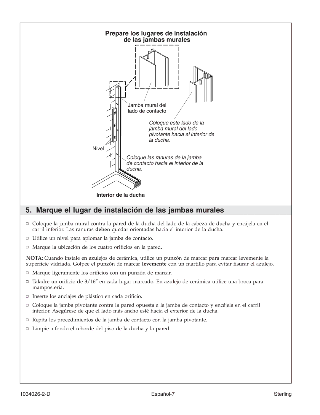 Sterling Plumbing SP1500D Series manual Marque el lugar de instalación de las jambas murales 