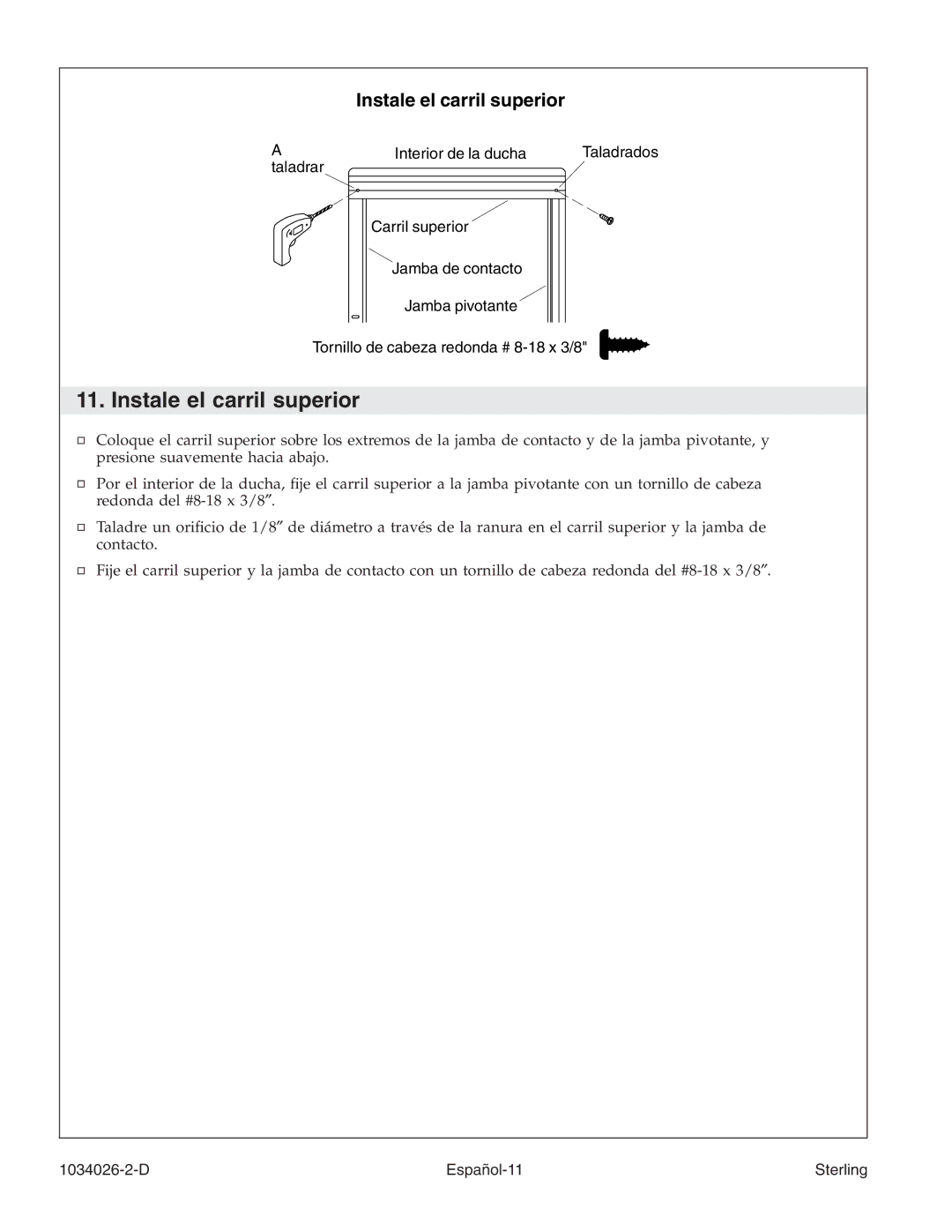 Sterling Plumbing SP1500D Series manual Instale el carril superior 