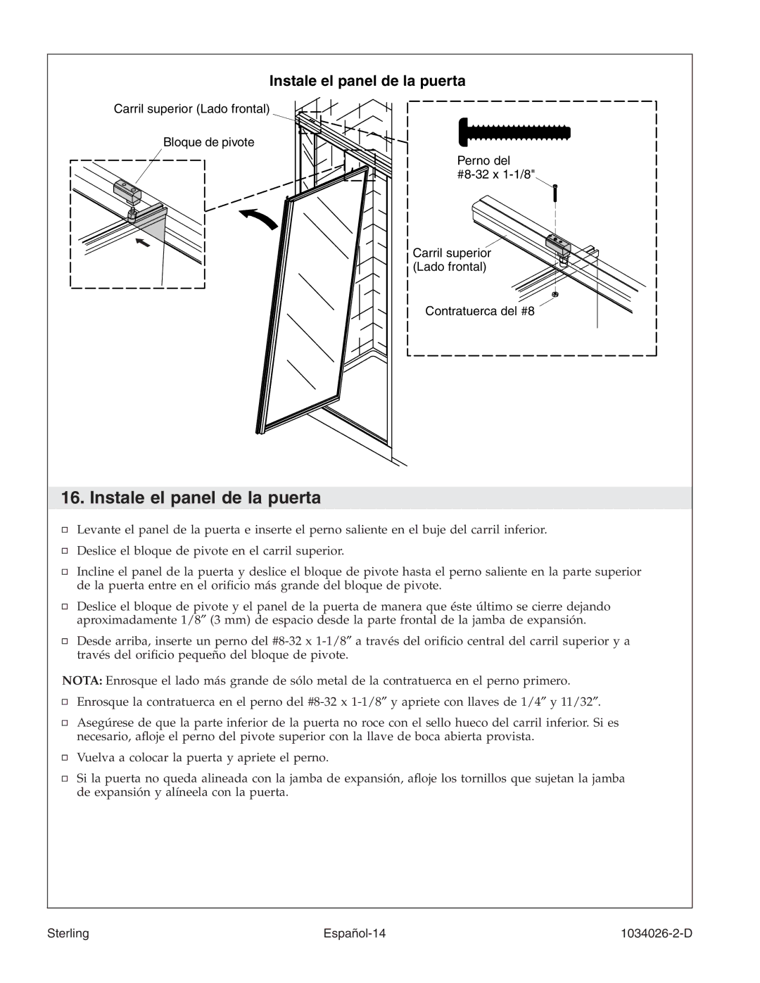 Sterling Plumbing SP1500D Series manual Instale el panel de la puerta 