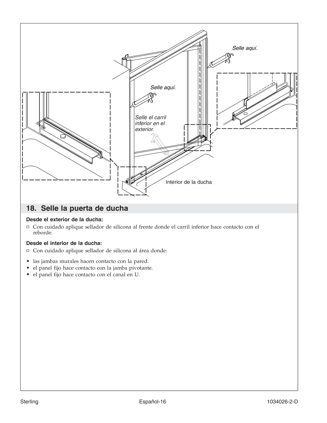 Sterling Plumbing SP1500D Series manual Selle la puerta de ducha, Desde el exterior de la ducha 