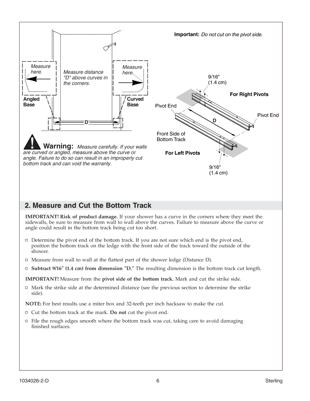 Sterling Plumbing SP1500D Series manual Measure and Cut the Bottom Track, Base 