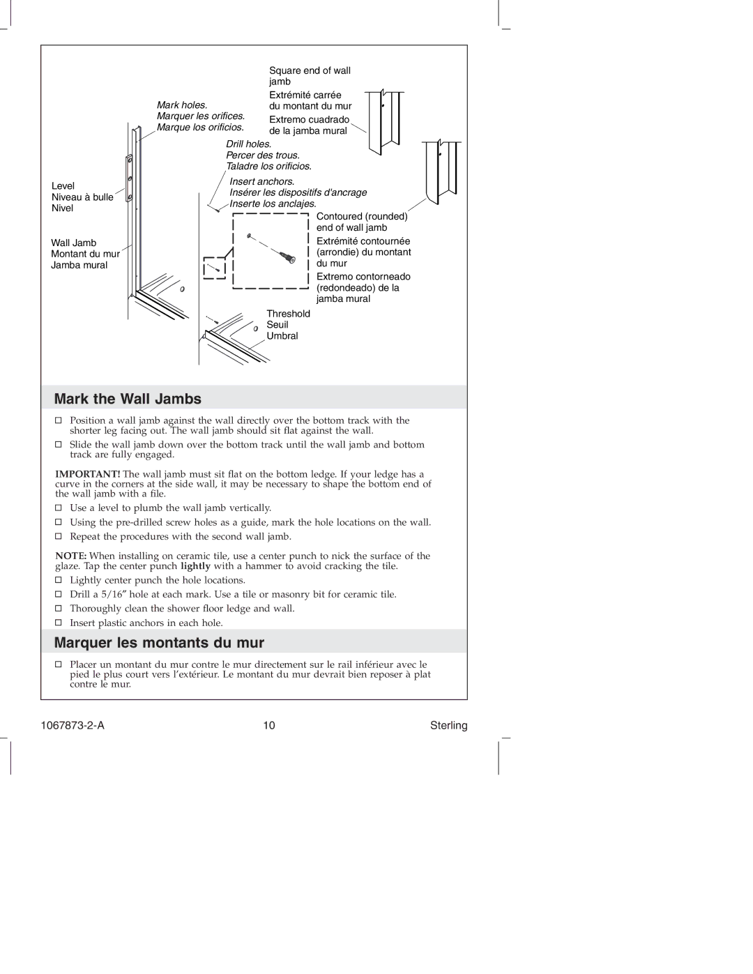 Sterling Plumbing SP5400 Series manual Mark the Wall Jambs, Marquer les montants du mur 