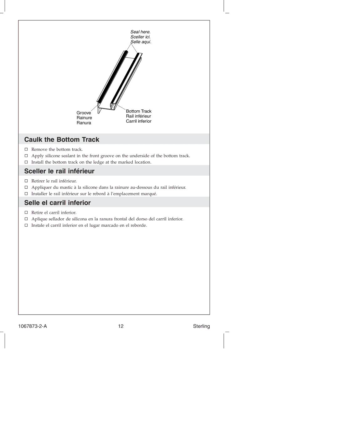 Sterling Plumbing SP5400 Series manual Caulk the Bottom Track, Sceller le rail inférieur, Selle el carril inferior 