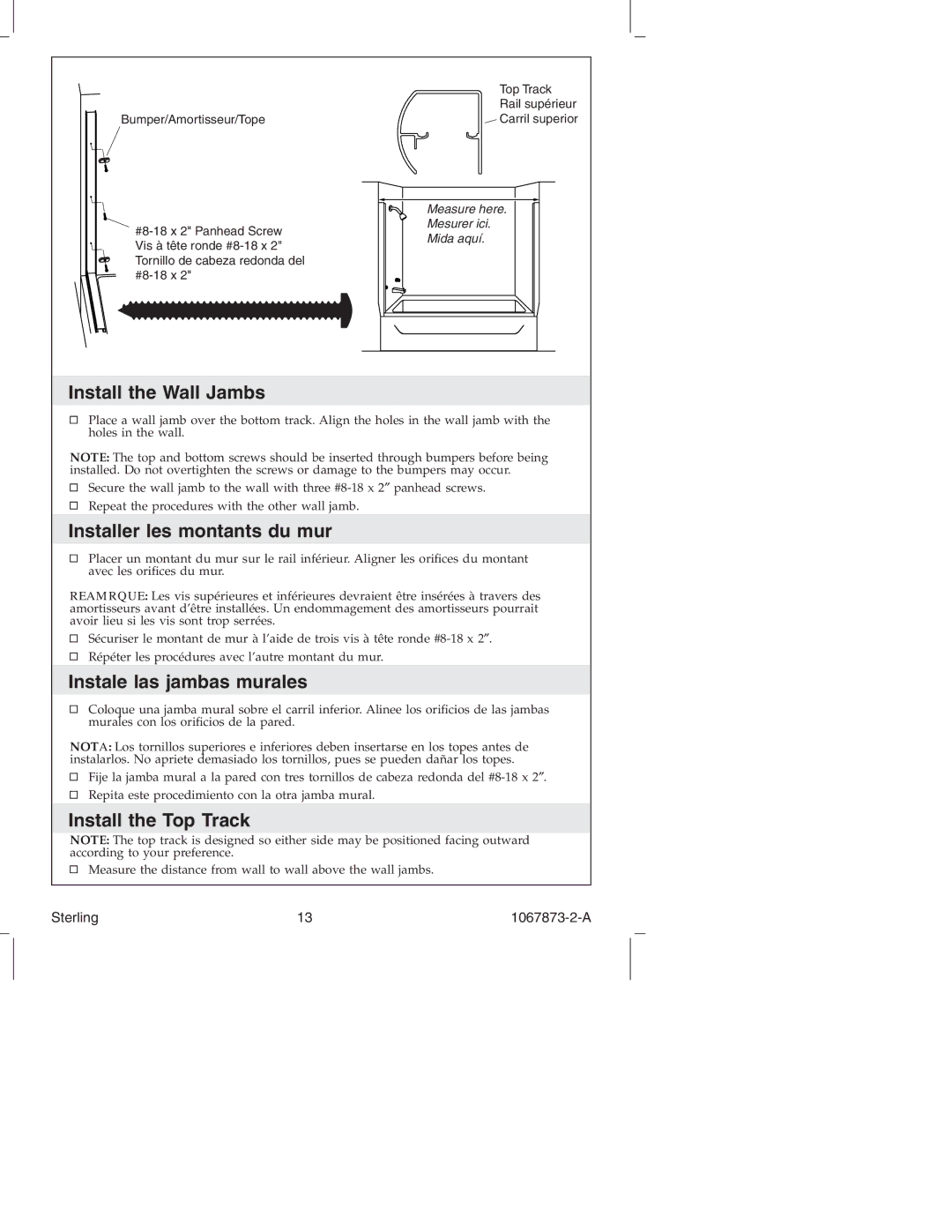 Sterling Plumbing SP5400 Series manual Install the Wall Jambs, Installer les montants du mur, Instale las jambas murales 