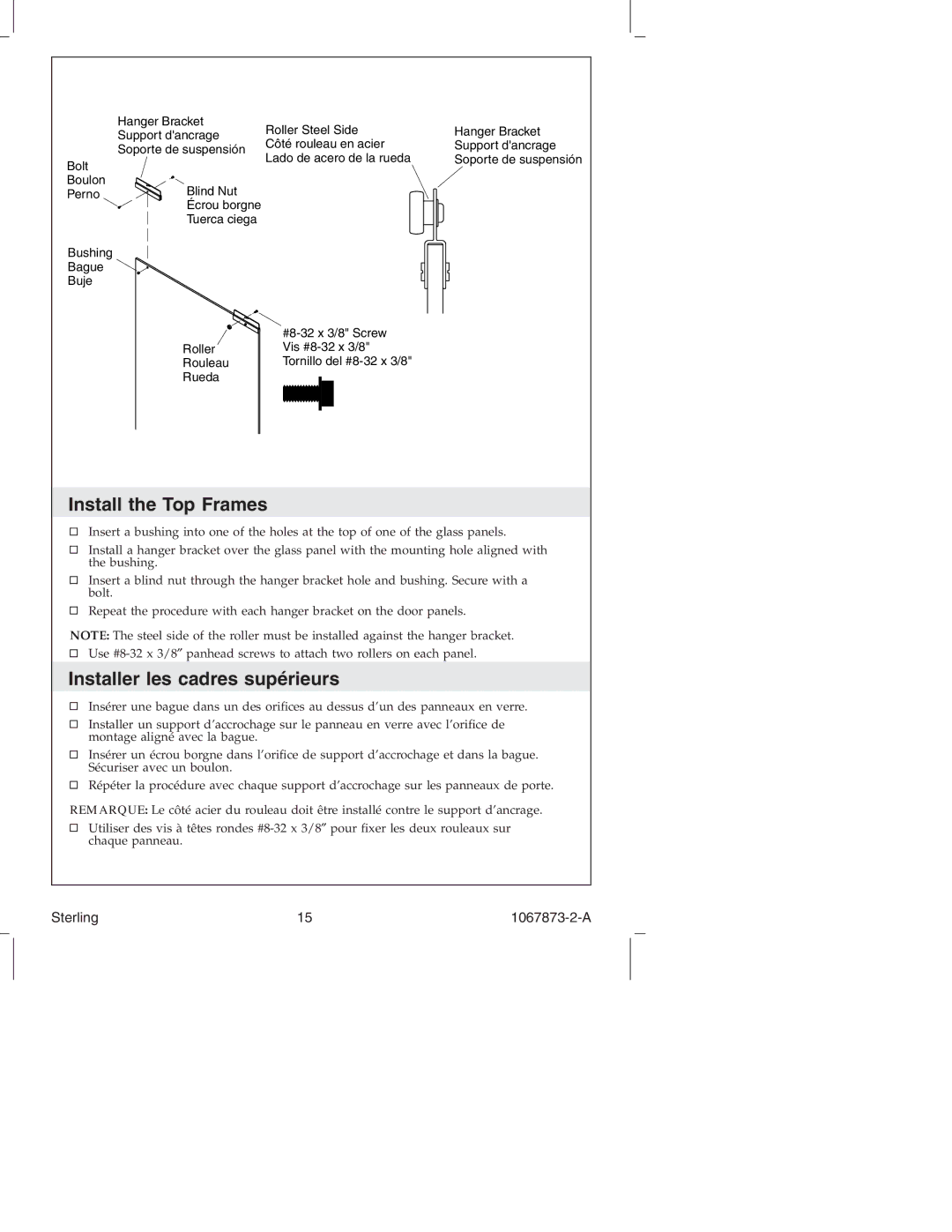 Sterling Plumbing SP5400 Series manual Install the Top Frames, Installer les cadres supérieurs 