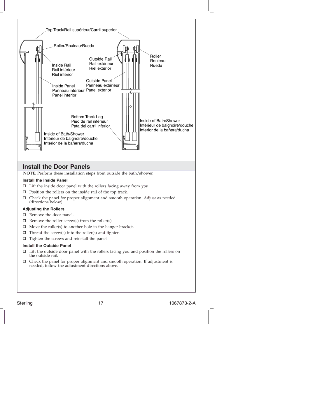 Sterling Plumbing SP5400 Series manual Install the Door Panels, Install the Inside Panel, Adjusting the Rollers 