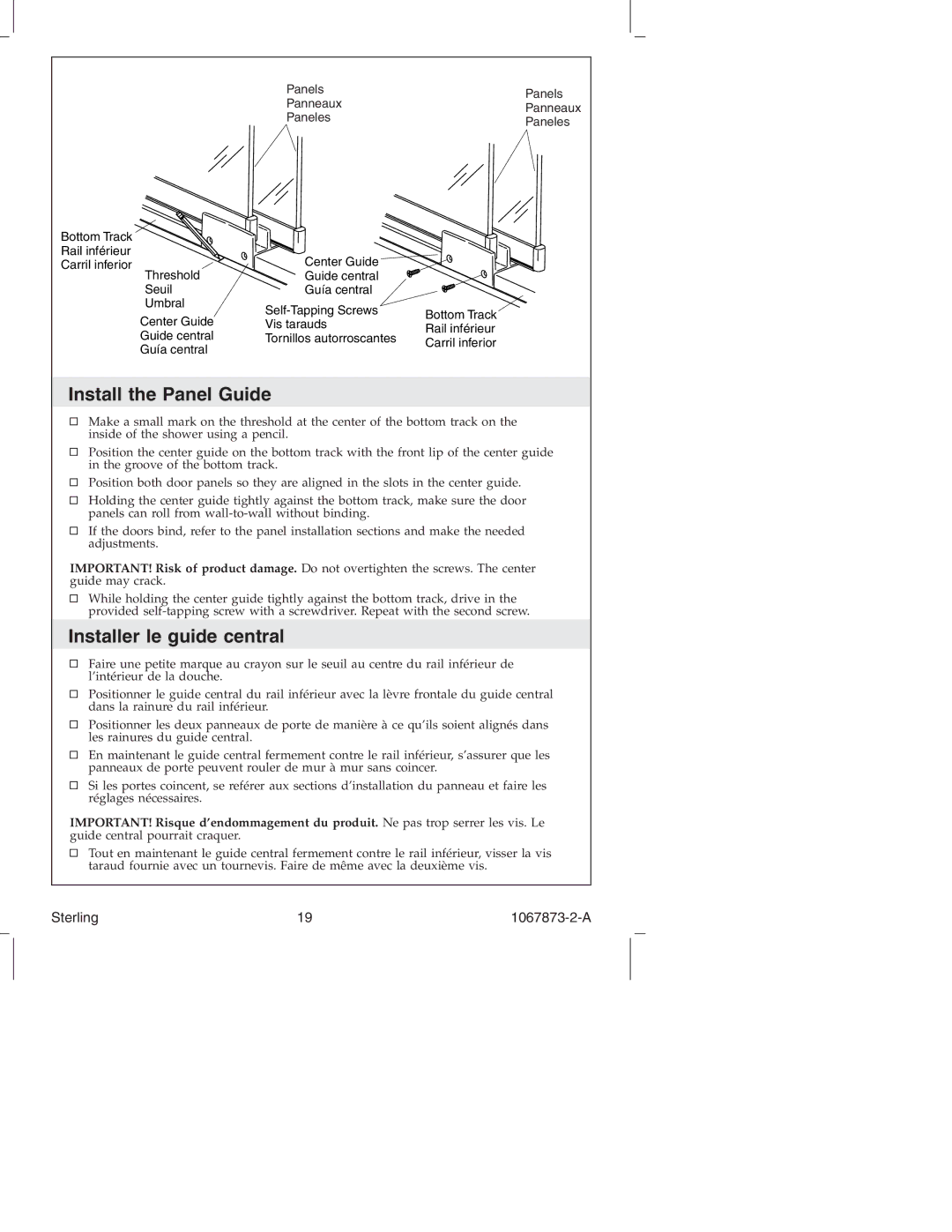 Sterling Plumbing SP5400 Series manual Install the Panel Guide, Installer le guide central 