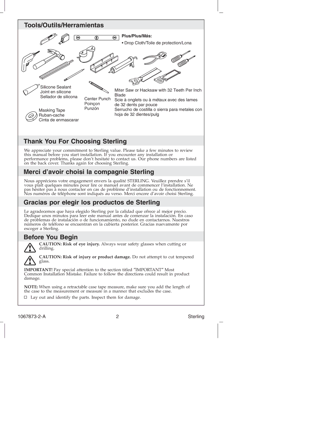 Sterling Plumbing SP5400 Series manual Tools/Outils/Herramientas, Thank You For Choosing Sterling, Before You Begin 