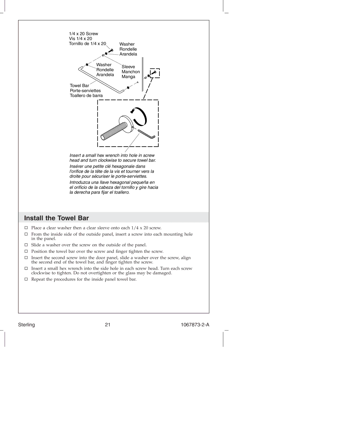 Sterling Plumbing SP5400 Series manual Install the Towel Bar 