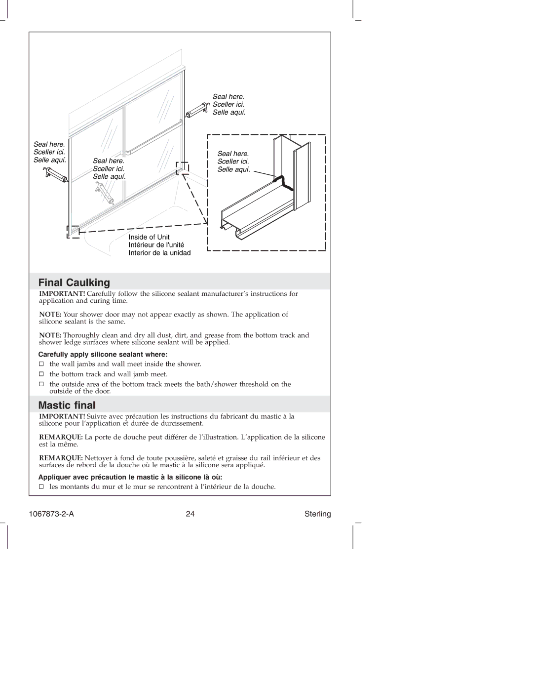 Sterling Plumbing SP5400 Series manual Final Caulking, Mastic ﬁnal, Carefully apply silicone sealant where 