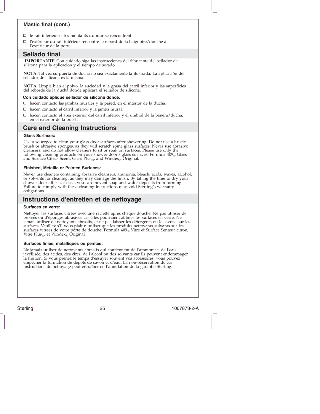 Sterling Plumbing SP5400 Series Sellado ﬁnal, Care and Cleaning Instructions, Instructions d’entretien et de nettoyage 