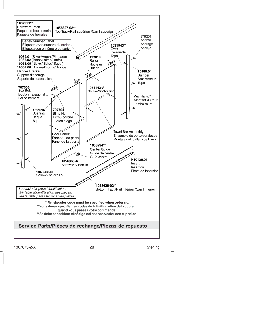 Sterling Plumbing SP5400 Series manual Service Parts/Pièces de rechange/Piezas de repuesto, 879201 