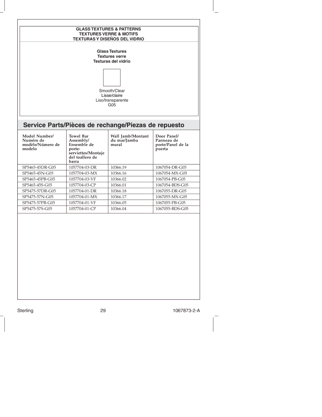Sterling Plumbing SP5400 Series manual Glass Textures Textures verre Texturas del vidrio 
