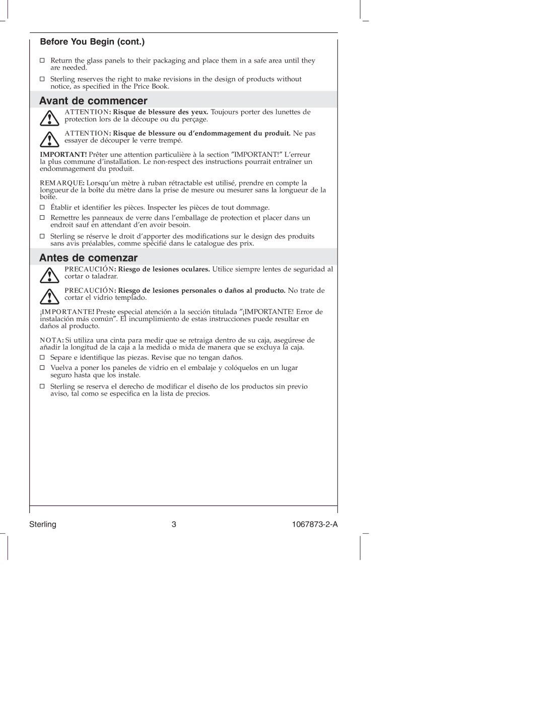 Sterling Plumbing SP5400 Series manual Avant de commencer, Antes de comenzar, Before You Begin 