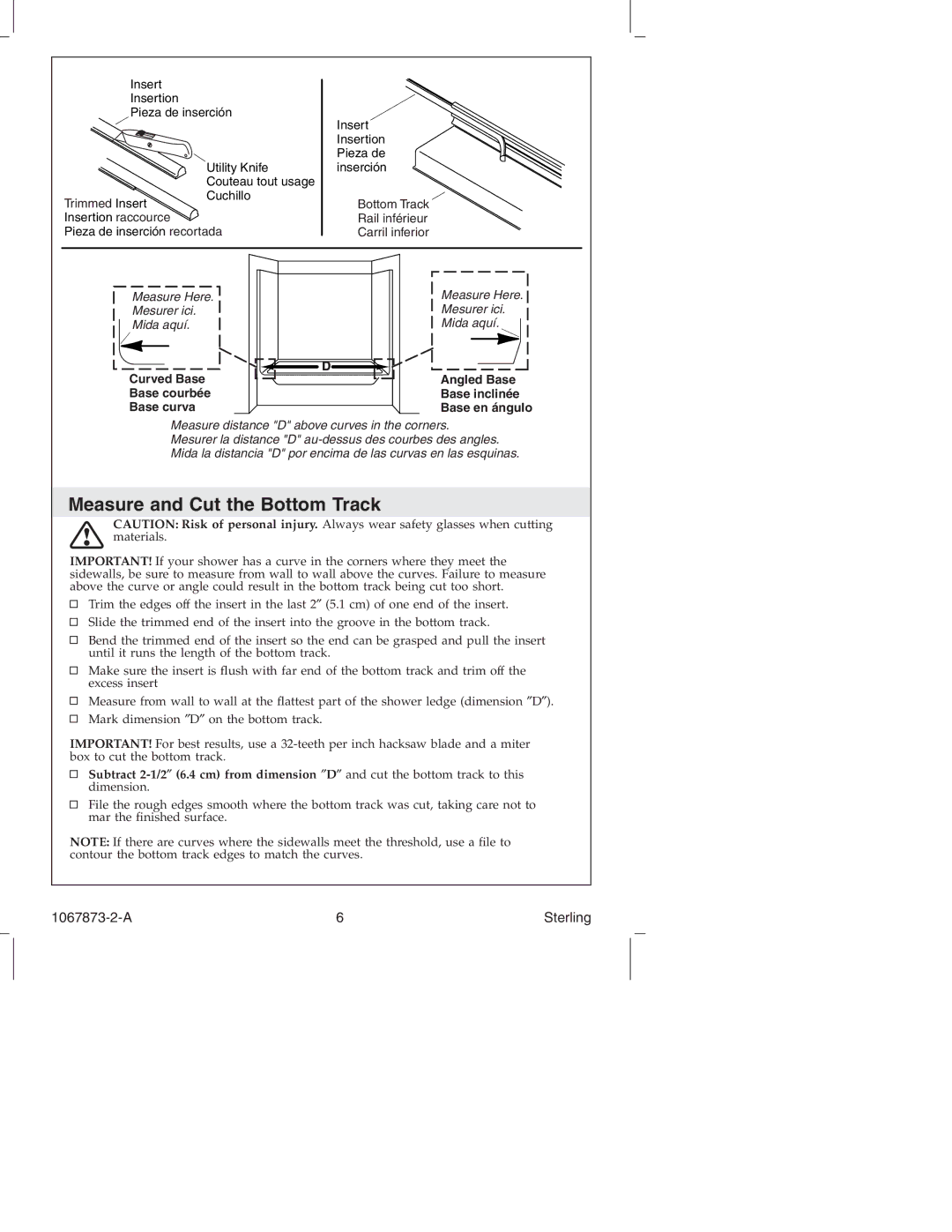 Sterling Plumbing SP5400 Series manual Measure and Cut the Bottom Track, Angled Base Base inclinée Base en ángulo 