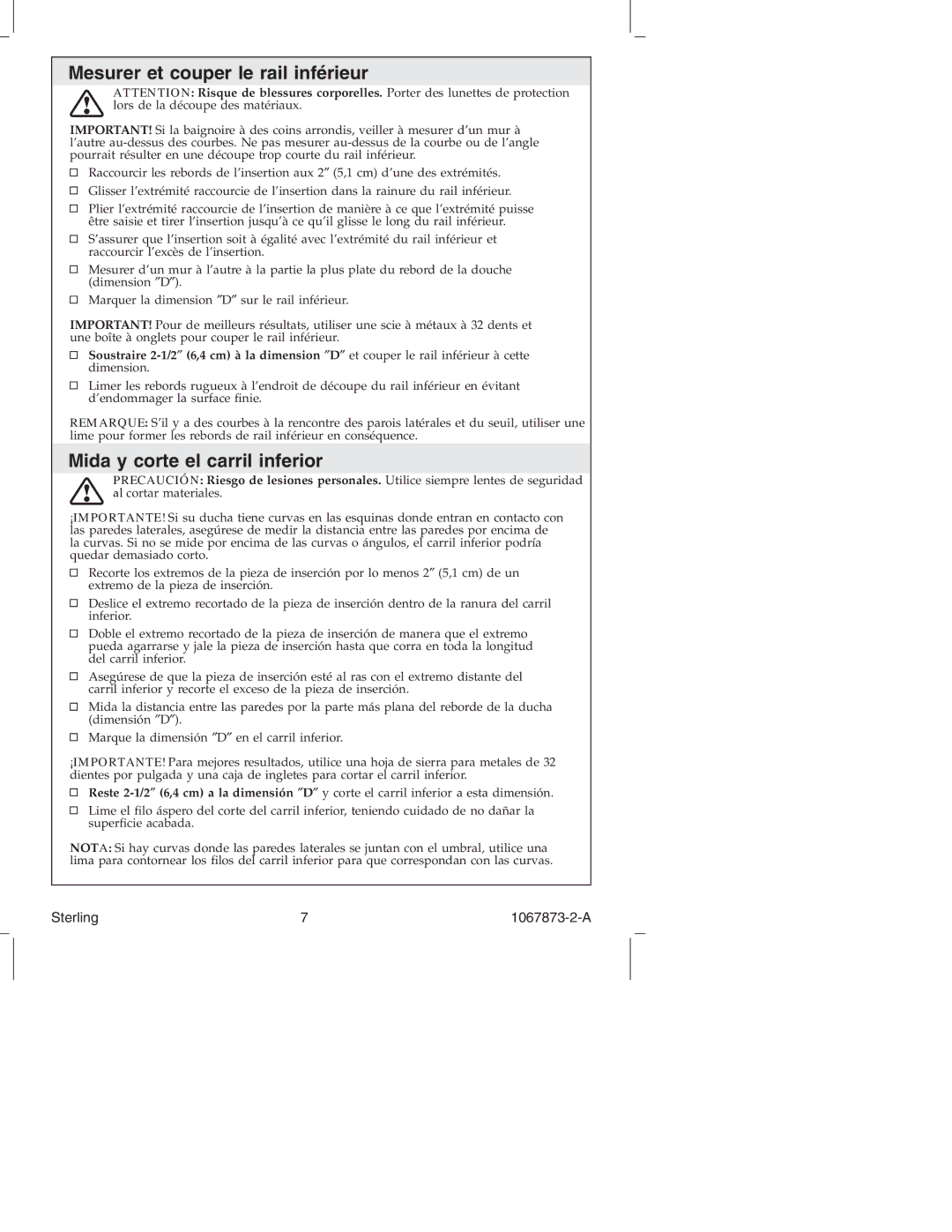 Sterling Plumbing SP5400 Series manual Mesurer et couper le rail inférieur, Mida y corte el carril inferior 