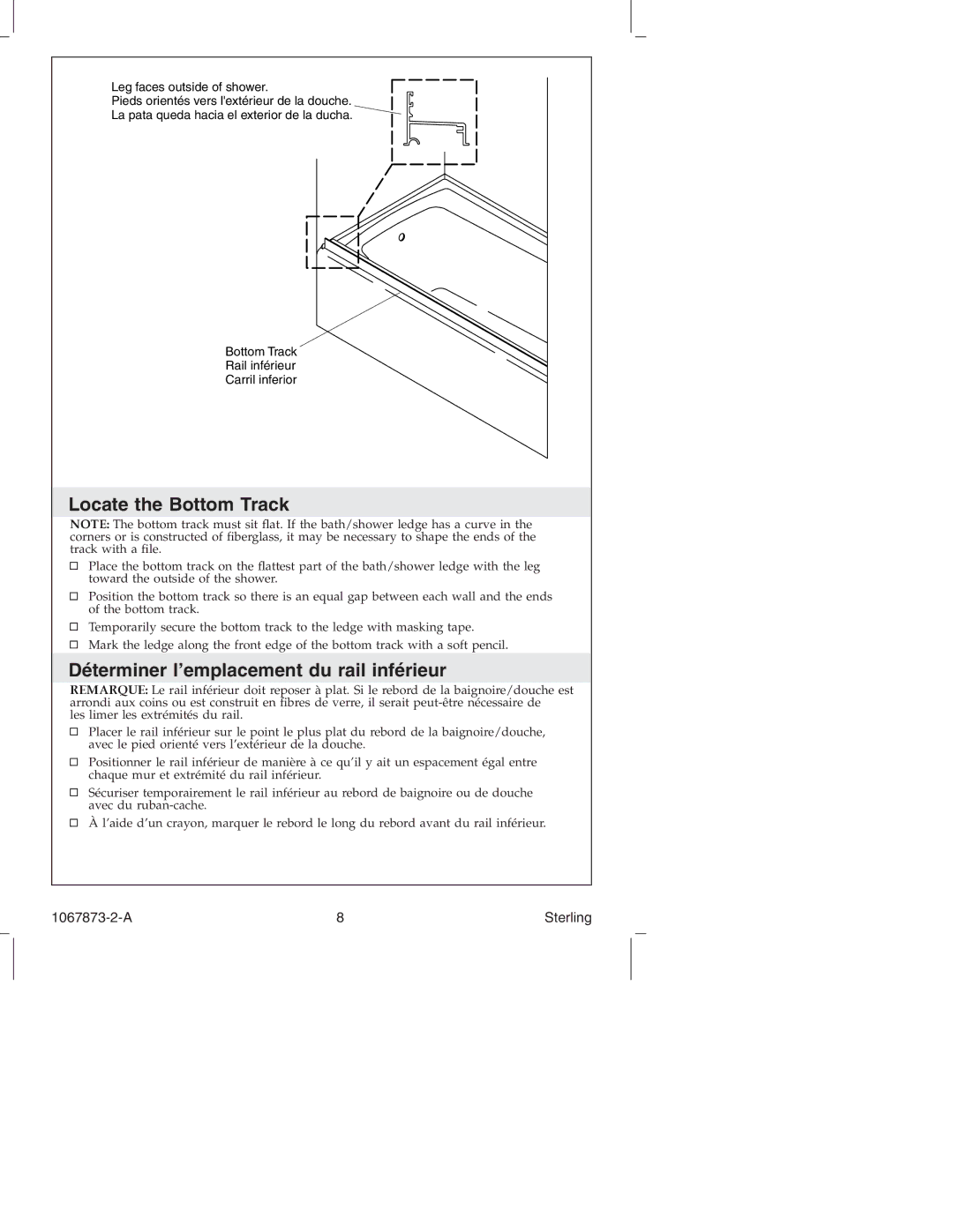 Sterling Plumbing SP5400 Series manual Locate the Bottom Track, Déterminer l’emplacement du rail inférieur 