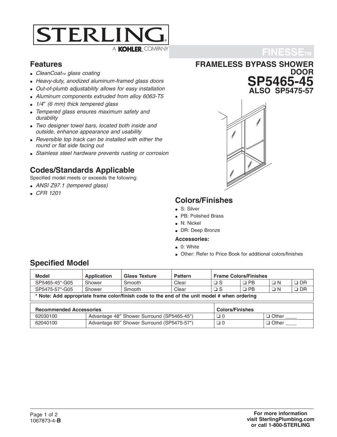 Sterling Plumbing SP5465-45 manual Features, Codes/Standards Applicable, Speciﬁed Model, Also SP5475-57 Colors/Finishes 