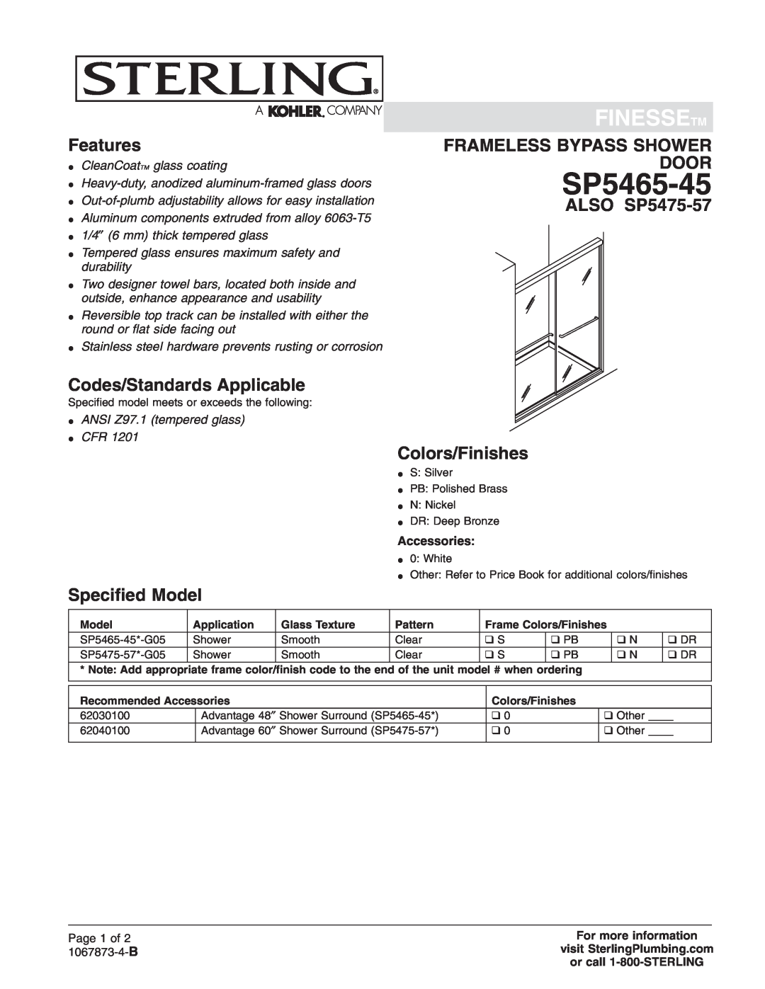 Sterling Plumbing SP5465-45 manual Finessetm, Features, Codes/Standards Applicable, Speciﬁed Model, Accessories, Page 1 of 