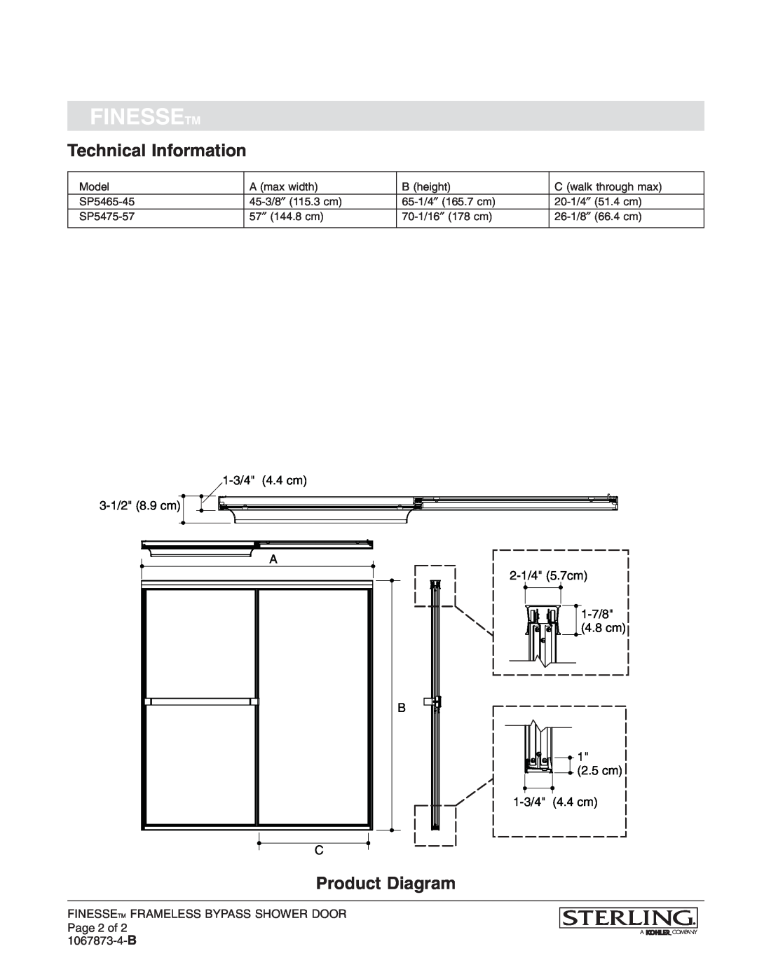 Sterling Plumbing SP5475-57 manual Technical Information, Product Diagram, Finessetm, 1-3/4 4.4 cm, 3-1/2 8.9 cm, 4.8 cm 
