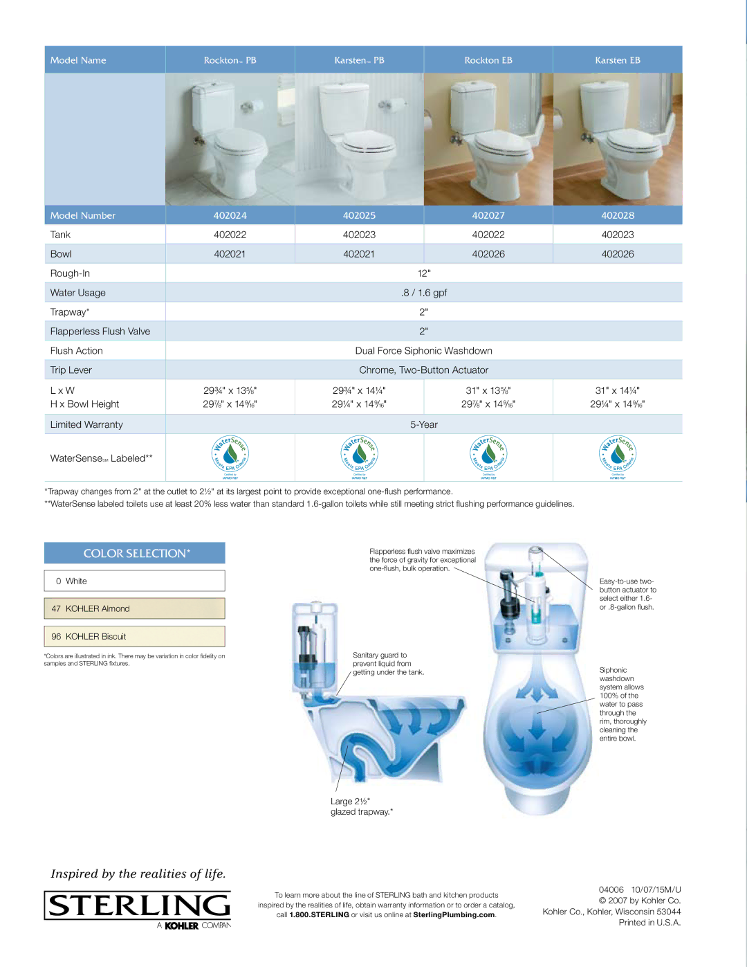 Sterling Plumbing Toilet with Dual Force manual Color Selection 