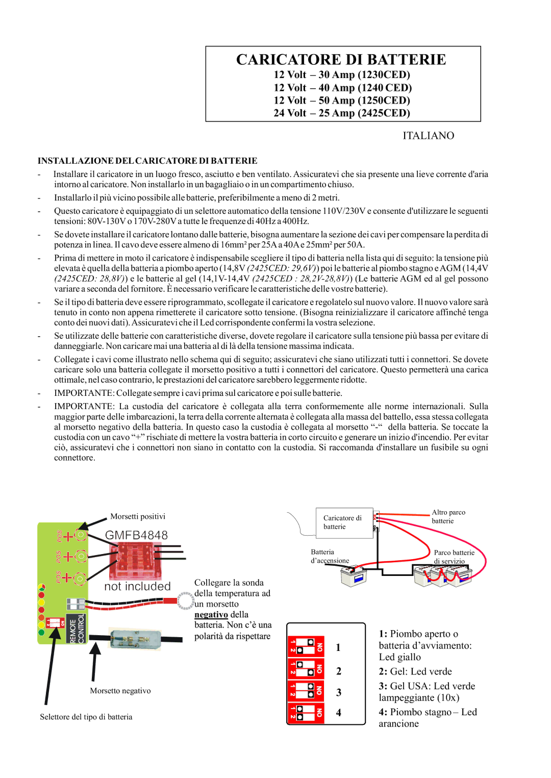 Sterling Power Products 1230CED, 1250CED, 2425CED, 1240CED manual Italiano, Installazione DEL Caricatore DI Batterie 