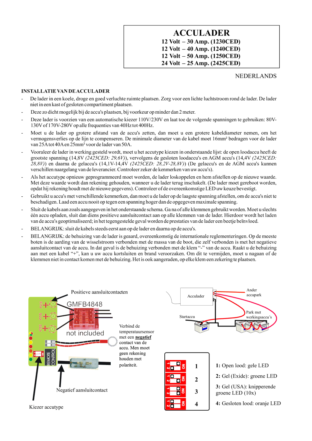 Sterling Power Products 1250CED, 2425CED, 1230CED, 1240CED manual Nederlands, Installatie VAN DE Acculader 