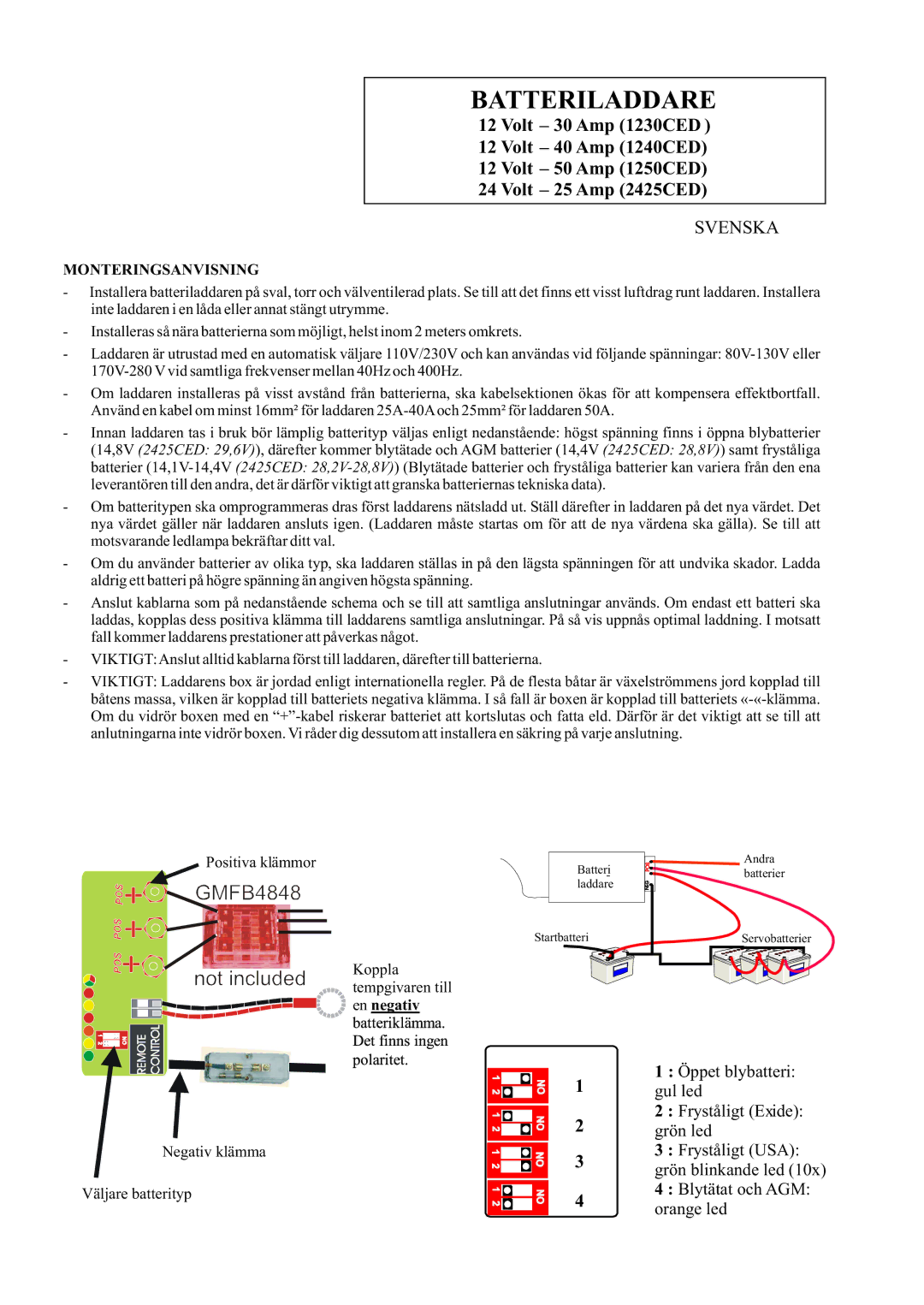 Sterling Power Products 1230CED, 1250CED, 2425CED, 1240CED manual Batteriladdare, Svenska, Monteringsanvisning 