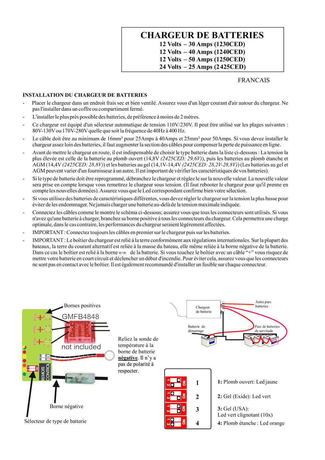 Sterling Power Products 1250CED, 2425CED, 1230CED, 1240CED manual Francais, Installation DU Chargeur DE Batteries 