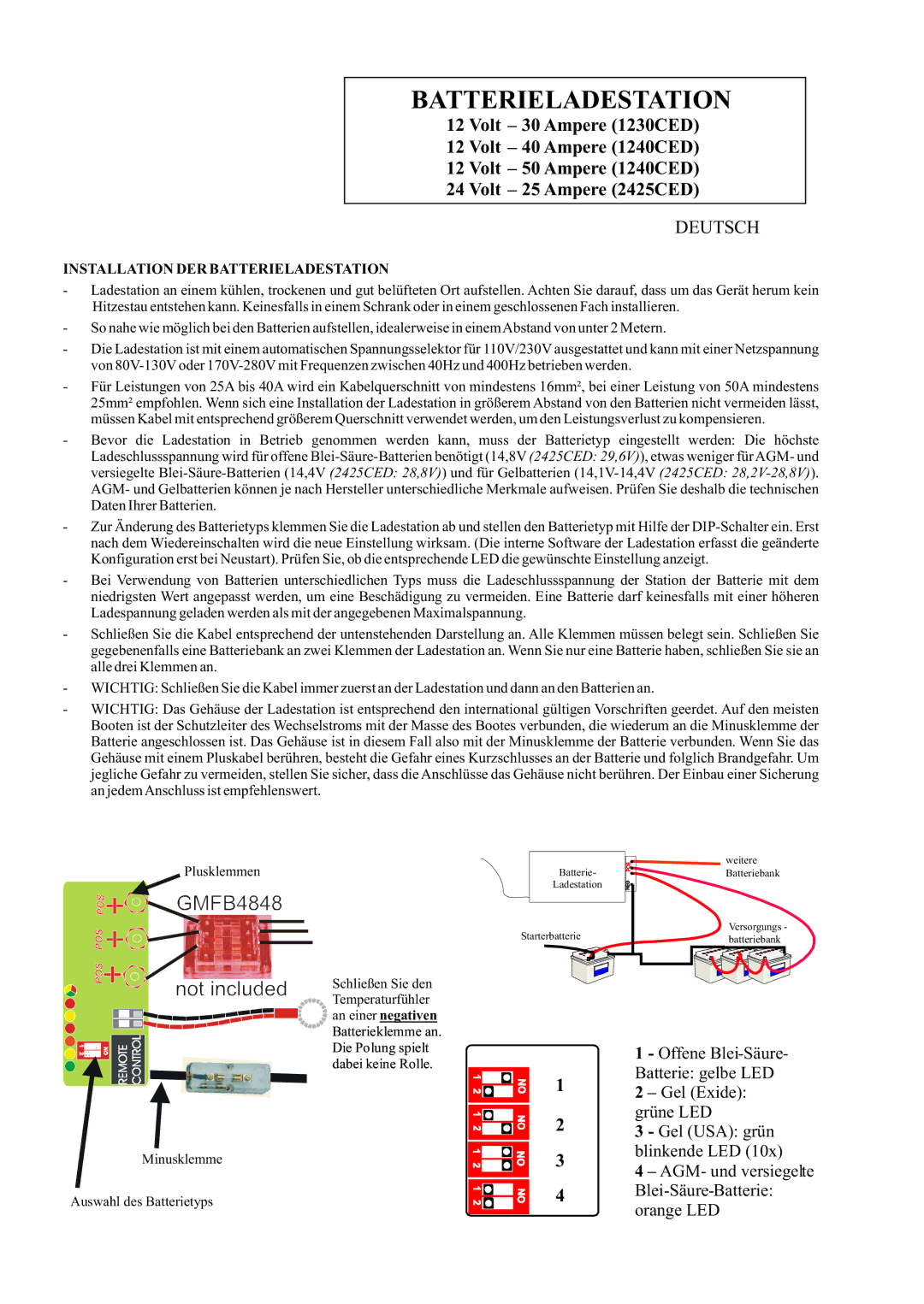 Sterling Power Products 1230CED, 1250CED, 2425CED, 1240CED manual Deutsch, Installation DER Batterieladestation 