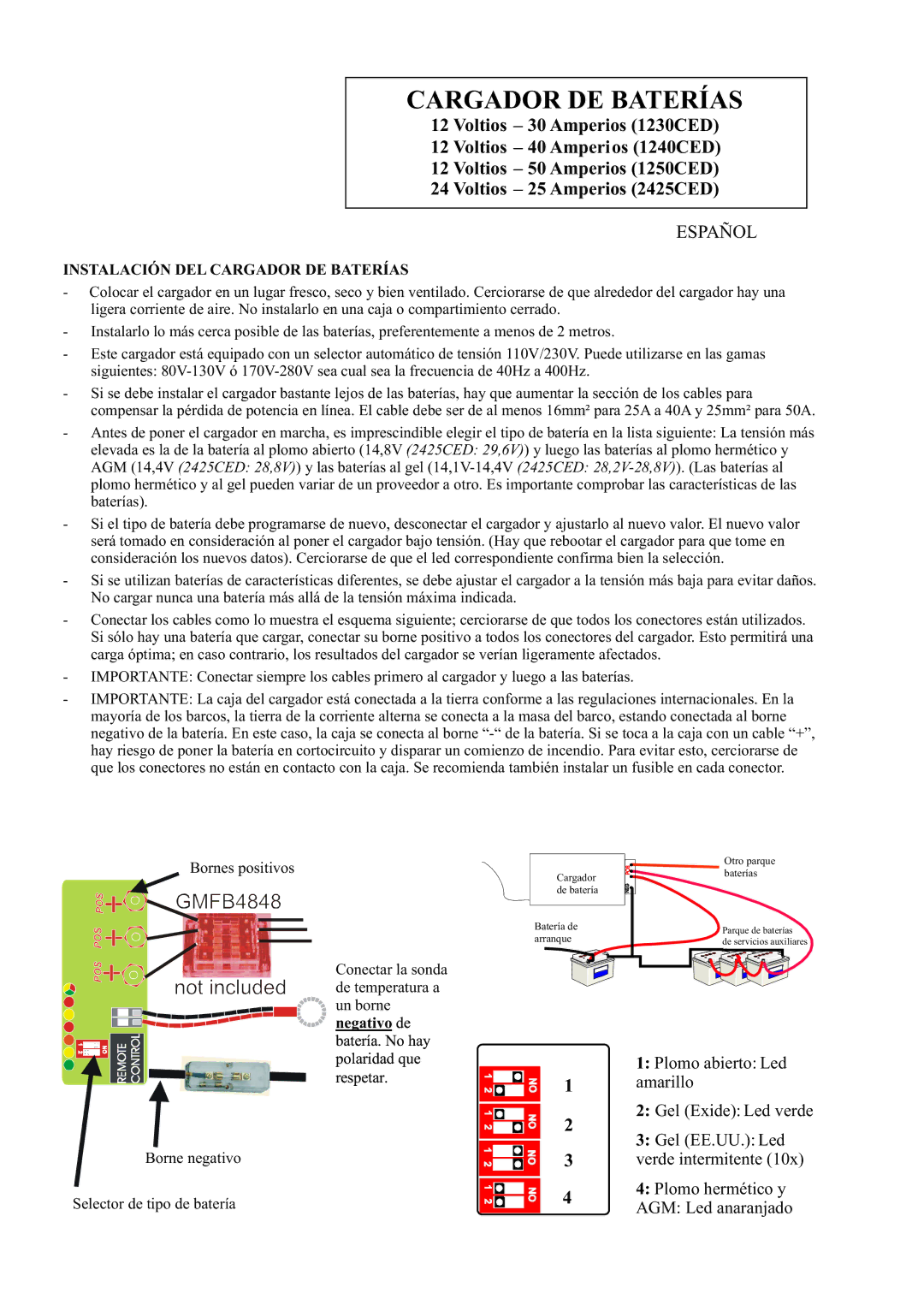 Sterling Power Products 1250CED, 2425CED, 1230CED, 1240CED manual Español, Instalación DEL Cargador DE Baterías 