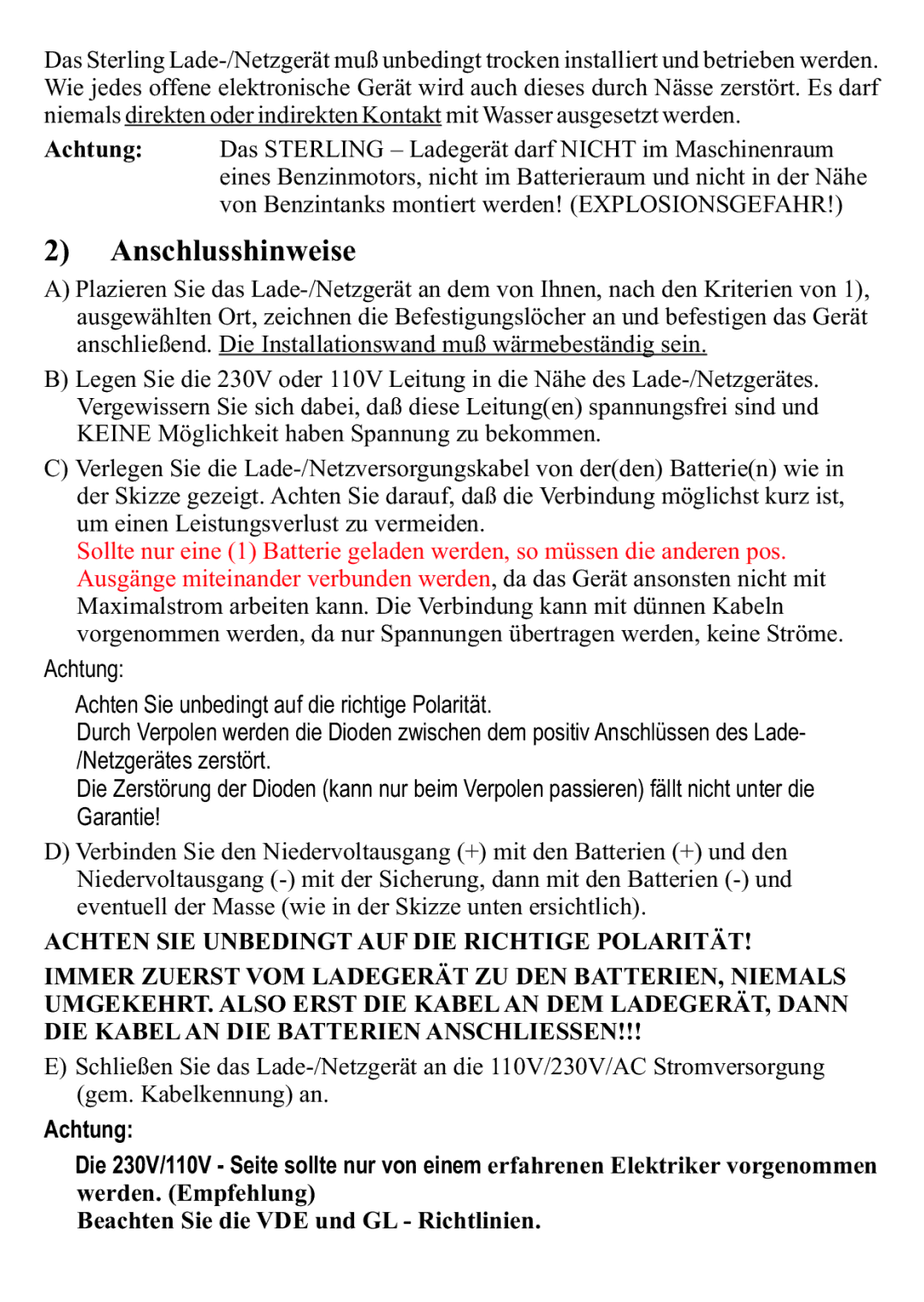 Sterling Power Products 2415CE, 2425CE manual Anschlusshinweise, Werden. Empfehlung Beachten Sie die VDE und GL Richtlinien 