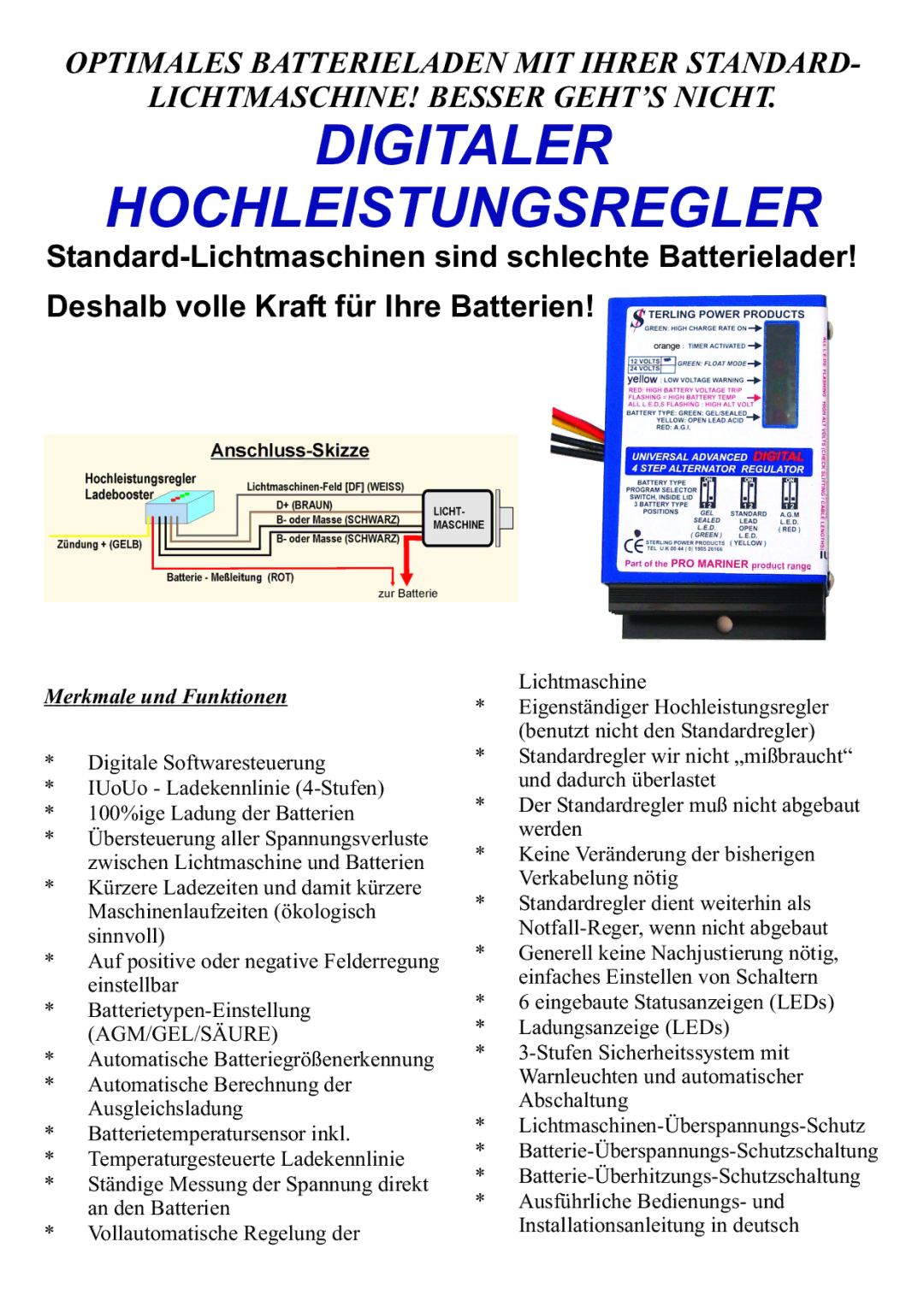 Sterling Power Products 2425CE, 1210CE, 2415CE, 3616CE, 1250CE, 1230CE, 1220CE, 1240CE manual Digitaler Hochleistungsregler 