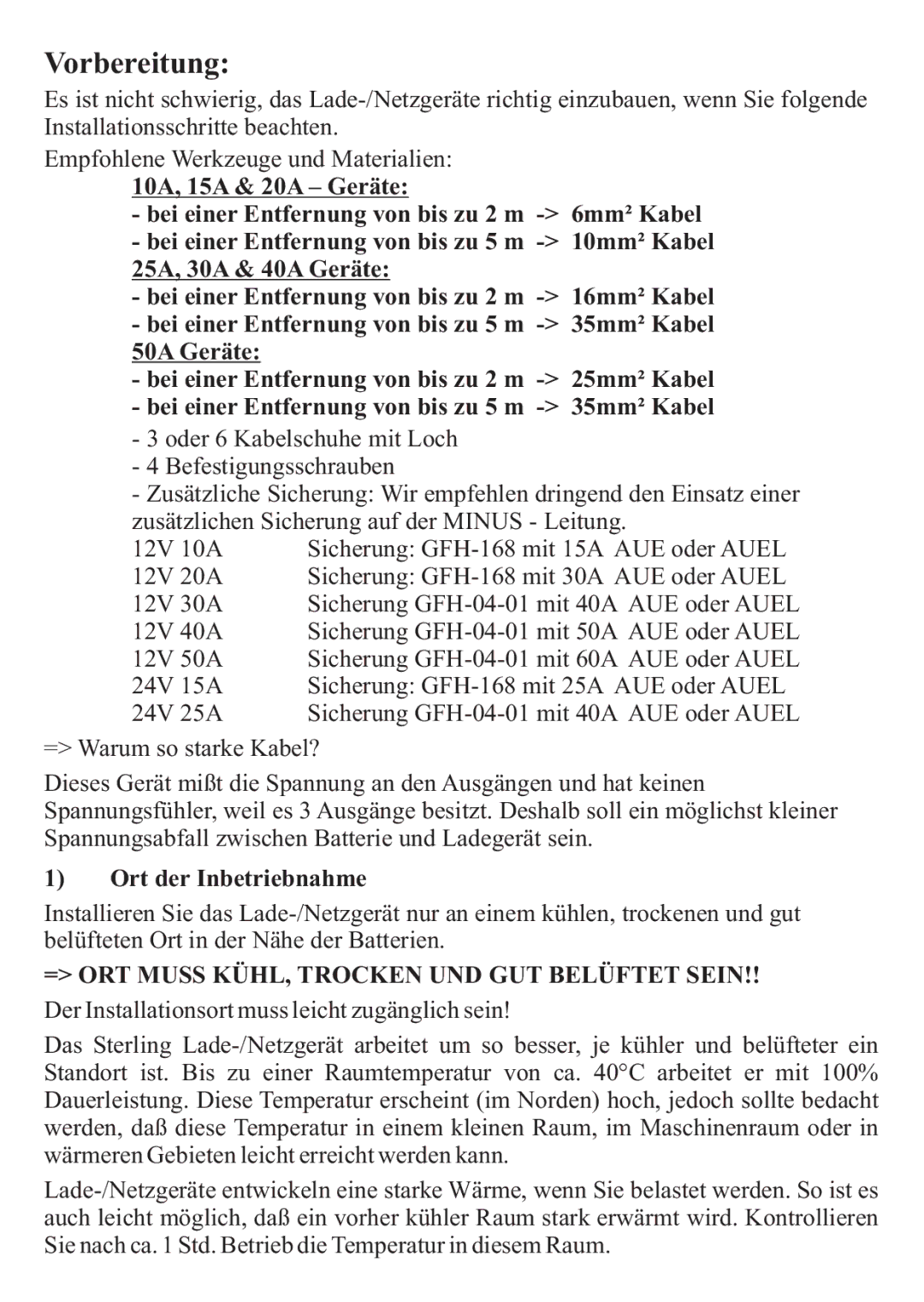 Sterling Power Products 1210CE, 2425CE, 2415CE, 3616CE, 1250CE, 1230CE, 1220CE, 1240CE manual Ort der Inbetriebnahme 