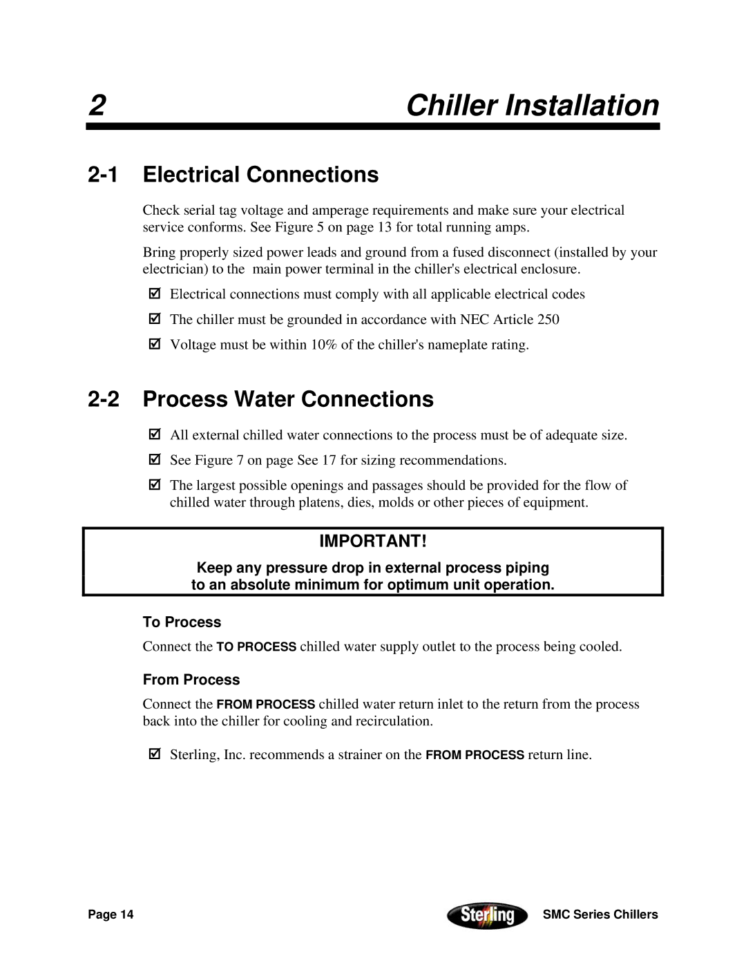 Sterling Power Products 30F to 65F Chiller Installation, Electrical Connections, Process Water Connections, From Process 