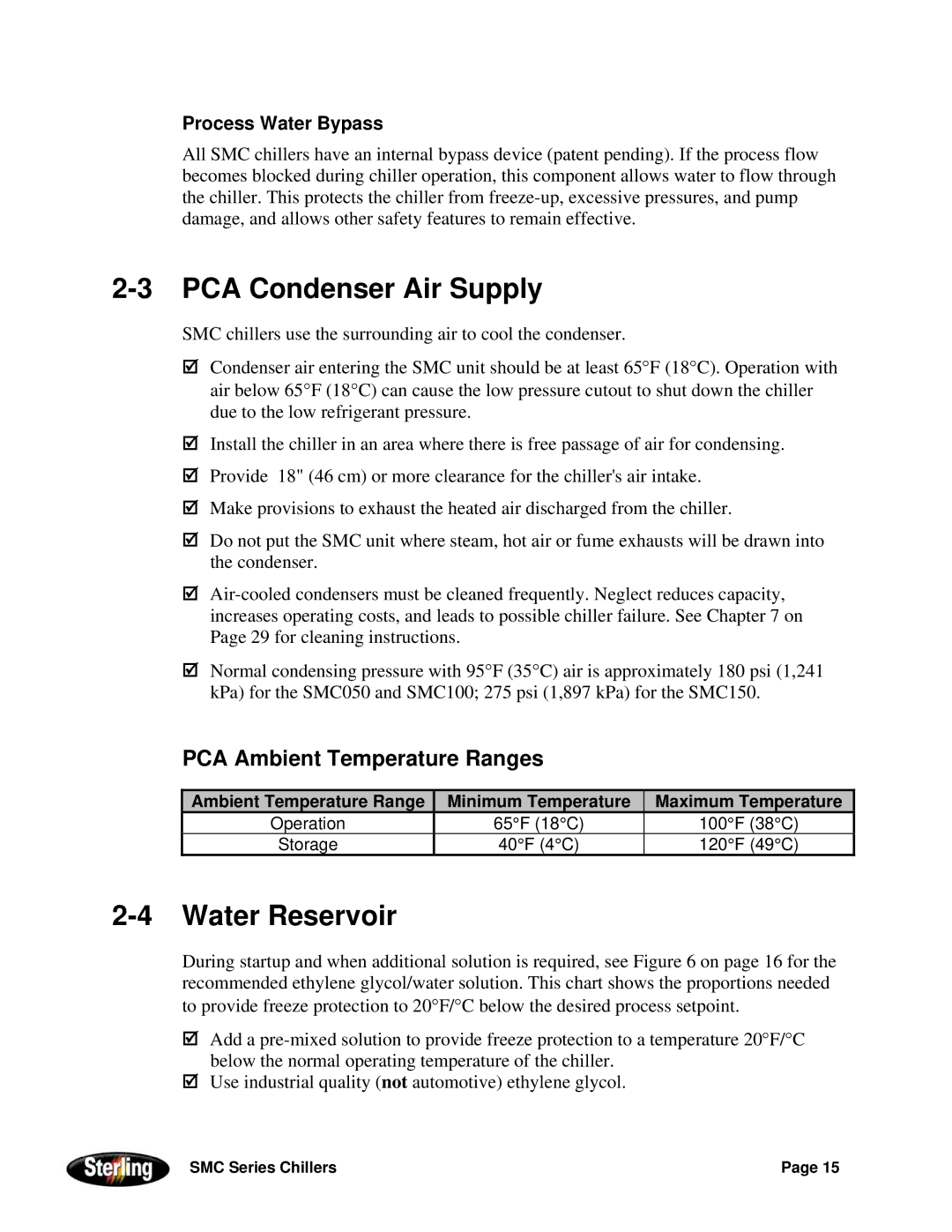 Sterling Power Products 30F to 65F installation manual PCA Condenser Air Supply, Water Reservoir, Process Water Bypass 