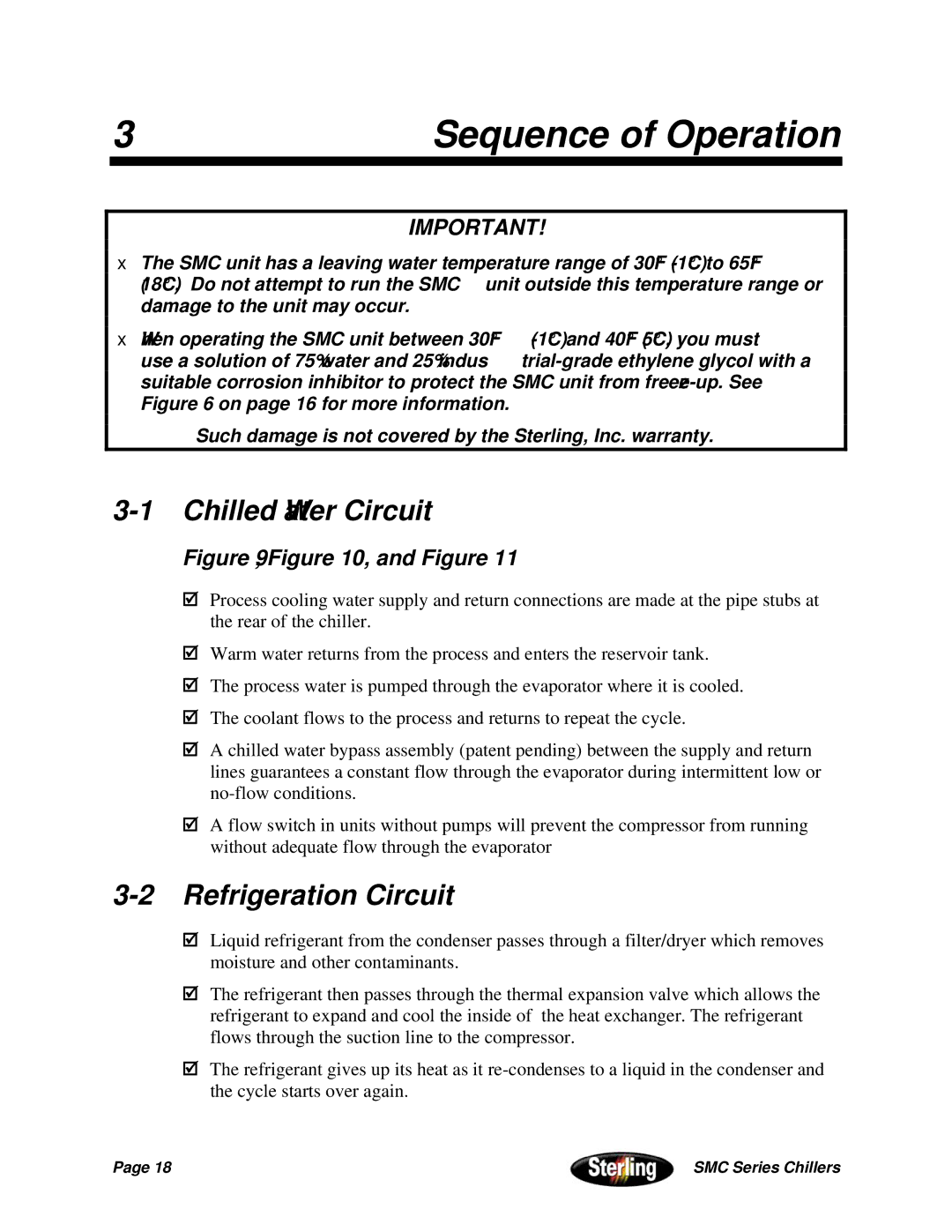 Sterling Power Products 30F to 65F installation manual Sequence of Operation, Chilled Water Circuit, Refrigeration Circuit 